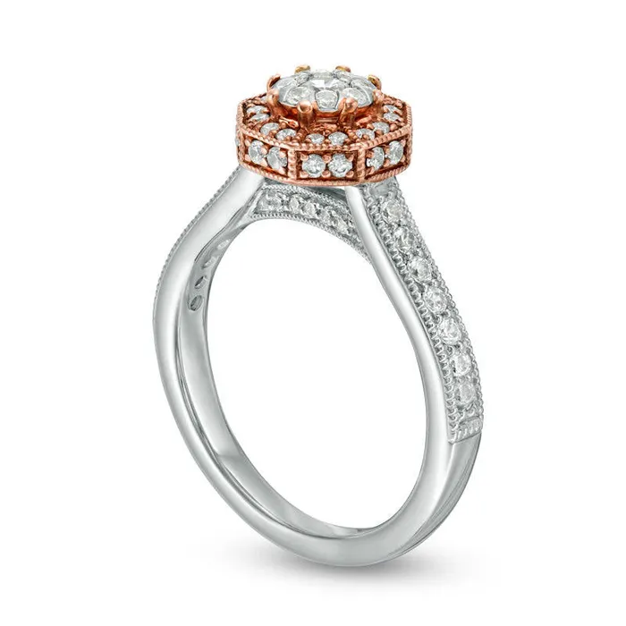 Goldia Rings 063 CT TW Natural Diamond Octagon Frame Antique VintageStyle Engagement Ring in Solid 10K TwoTone Gold