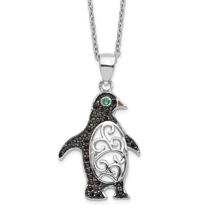 Cheryl M SS Black Rhodium BW CZ Green Glass Penguin 1825in NecklaceWBCQCM14471825 WB Choice Jewelry Necklaces