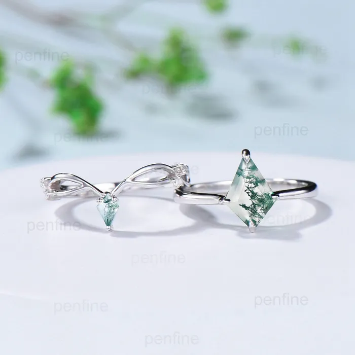 Rings PENFINE Dainty Moss Agate Engagement Ring Set Kite Cut Solitaire Minimalist Wedding Set Rose Gold Art Deco Green Agate Bridal Set Anniversary Gift