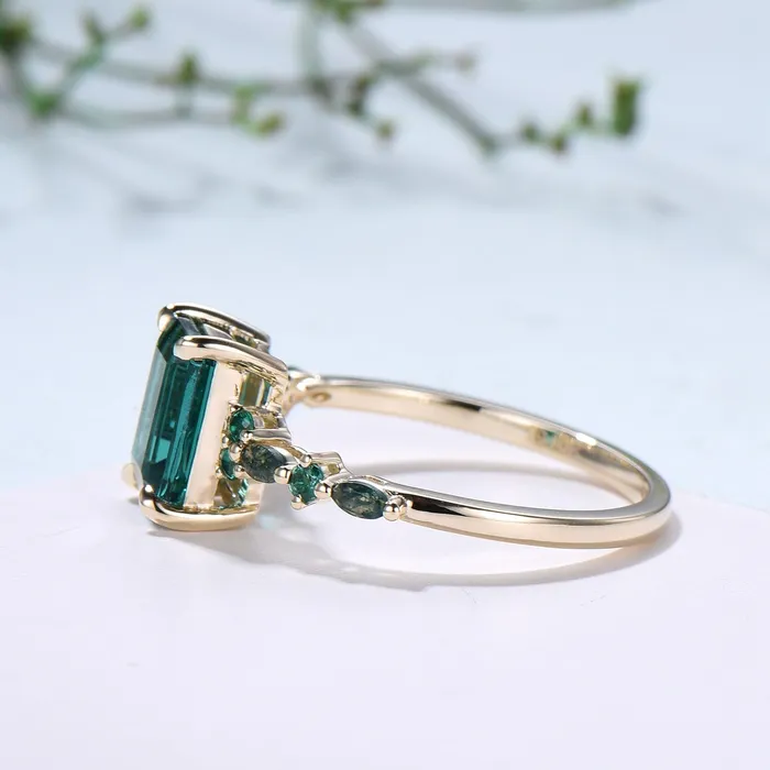 Vintage Emerald Cut Emerald Engagement Ring Unique Marquise Moss Agate Wedding Ring Women Gold Green Gemstone Promise Anniversary Ring Gift PENFINE Rings