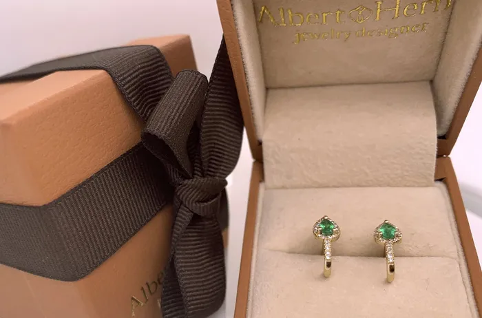 Earrings Albert Hern Earrings 14kt Gold Illusion Huggie Emerald Pears Diamonds