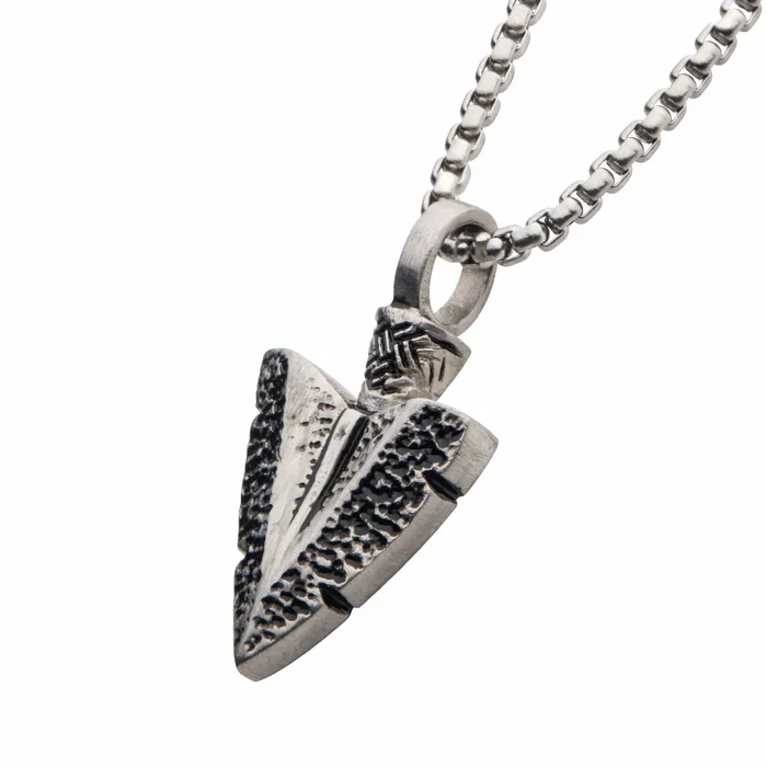 INOX JEWELRY Necklaces Antiqued Finished Silver Stainless Steel Arrowhead Pendant with Bold Box Chain