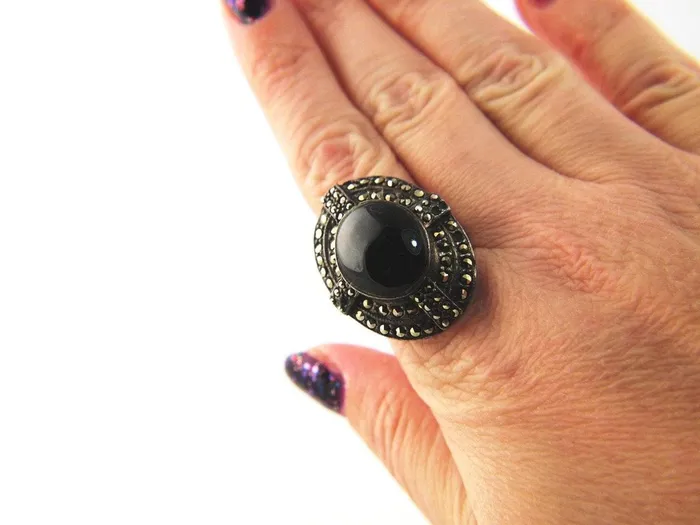 Rings Art Deco Onyx Ring Marcasite Sterling Silver Vintage Jewelry Love Vintage Paris