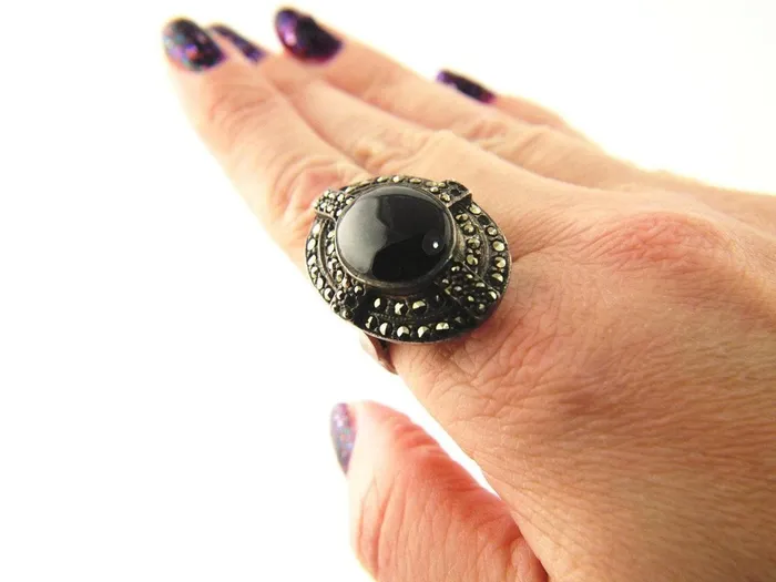 Rings Art Deco Onyx Ring Marcasite Sterling Silver Vintage Jewelry Love Vintage Paris