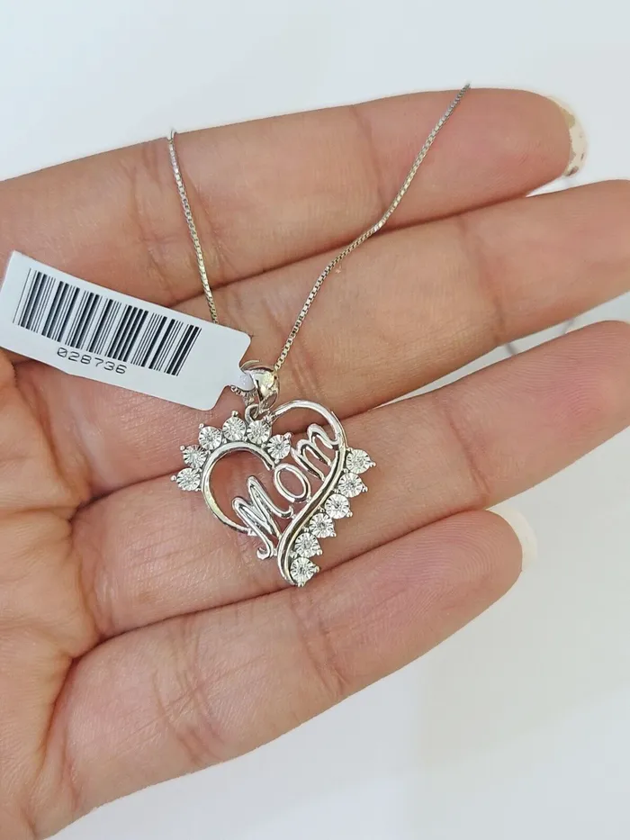 Gold and Diamond Necklaces Real 10k White Gold Heart Diamond Mom Pendant Box Chain Necklace Set Women