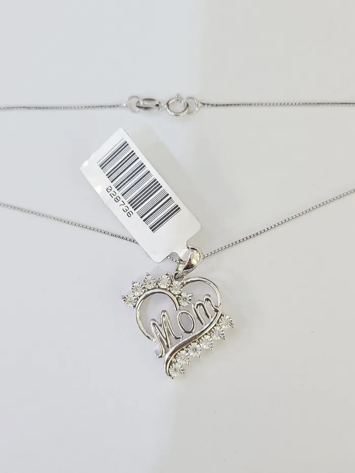 Gold and Diamond Necklaces Real 10k White Gold Heart Diamond Mom Pendant Box Chain Necklace Set Women