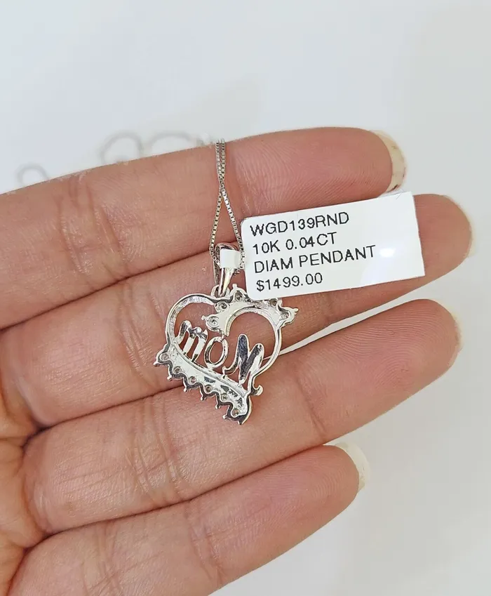 Gold and Diamond Necklaces Real 10k White Gold Heart Diamond Mom Pendant Box Chain Necklace Set Women