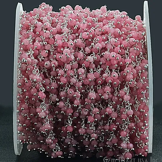 GemmartUSA Rings Rose Chalcedony Faceted Beads Silver Plated Cluster Dangle Chain
