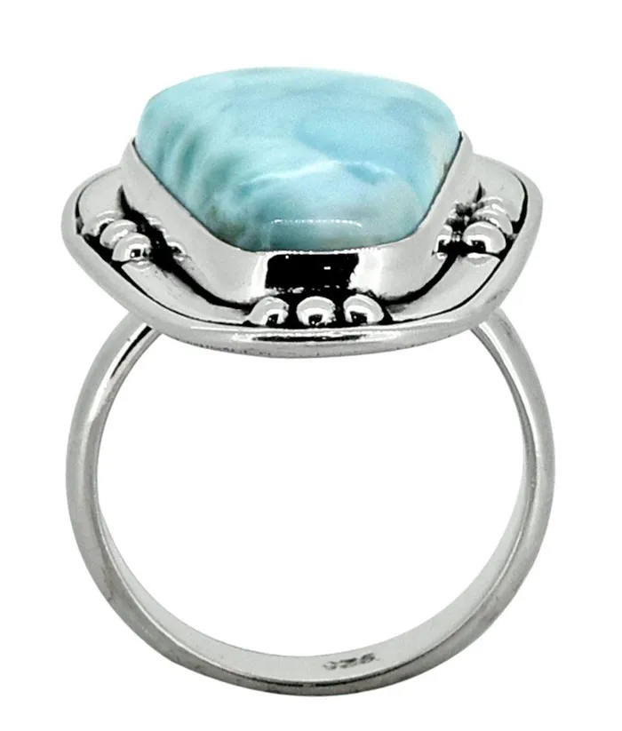 YoTreasure Rings Natural Larimar Solid 925 Sterling Silver Ring Jewelry