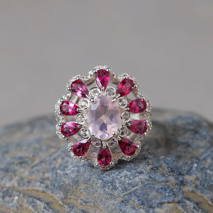 YoTreasure Rings Ross Quartz Rhodolite Garnet Solid 925 Sterling Silver Ring