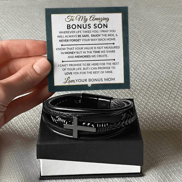 Bracelets Gift For Bonus Son From Bonus Mom Never Forget Your Way Home Mens Braided Leather Bracelet with Cross Christmas Gift or A Birthday Present For Him ShineOn Fulfillment