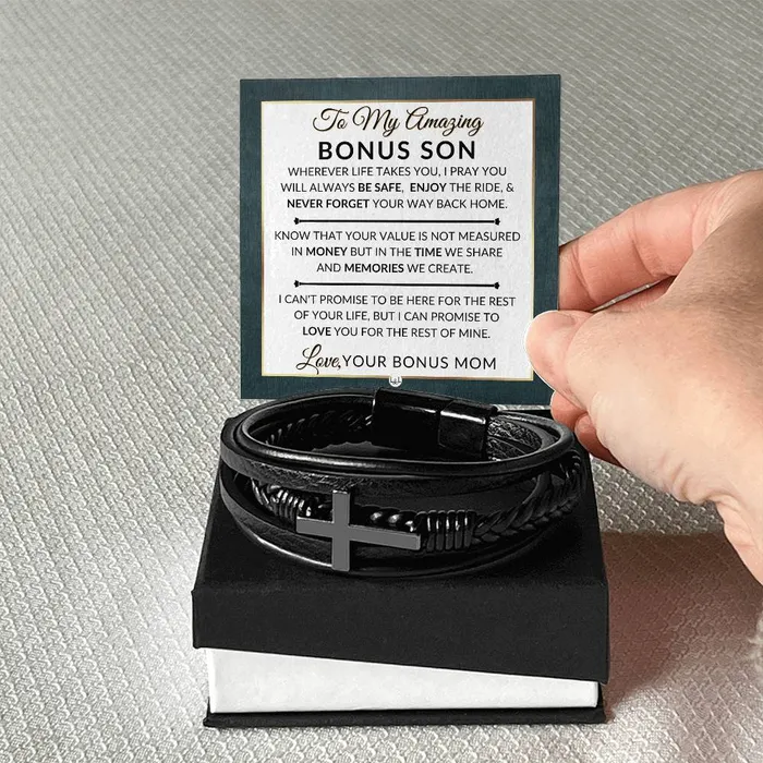 Bracelets Gift For Bonus Son From Bonus Mom Never Forget Your Way Home Mens Braided Leather Bracelet with Cross Christmas Gift or A Birthday Present For Him ShineOn Fulfillment
