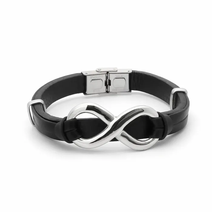 Bracelets Glitters Infinity Symbol Black Leather Bracelet Silver