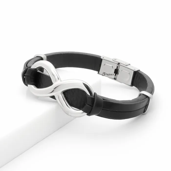 Bracelets Glitters Infinity Symbol Black Leather Bracelet Silver