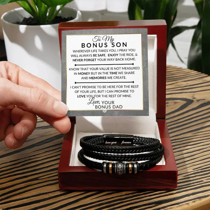 Bracelets ShineOn Fulfillment Gift For Bonus Son From Bonus Dad Never Forget Your Way Home Mens Braided Leather Bracelet Great As A Christmas Gift or A Birthday Present For Him