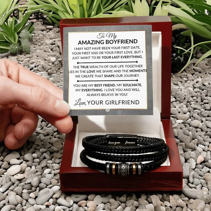 Bracelets ShineOn Fulfillment Gift For Boyfriend From Girlfriend My Best Friend My Soulmate My Everything Mens Braided Leather Bracelet Great As A Christmas Gift or A Birthday Present For Him