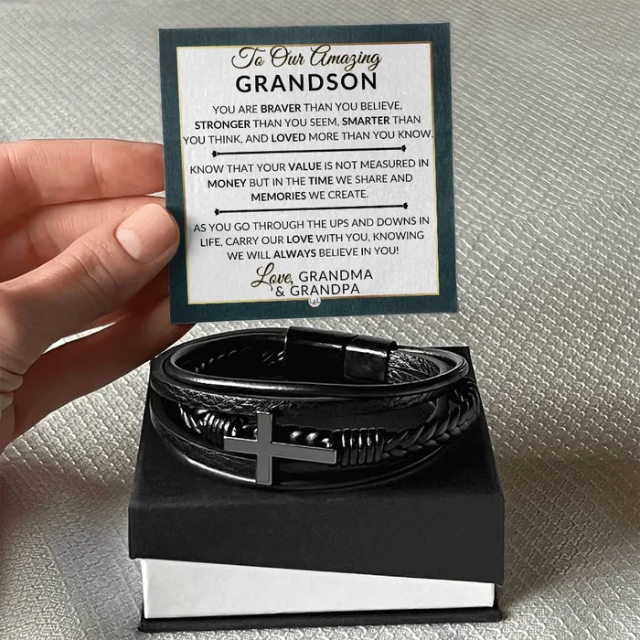 Bracelets ShineOn Fulfillment Gift For Our Grandson From Grandma and Grandpa Carry Our Love With You Mens Braided Leather Bracelet with Cross Christmas Gift or A Birthday Present For Him
