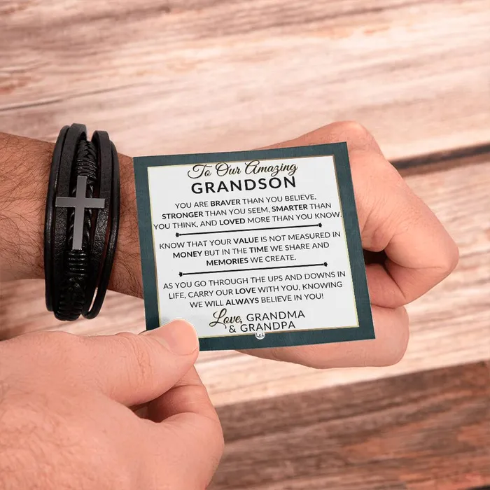 Bracelets ShineOn Fulfillment Gift For Our Grandson From Grandma and Grandpa Carry Our Love With You Mens Braided Leather Bracelet with Cross Christmas Gift or A Birthday Present For Him