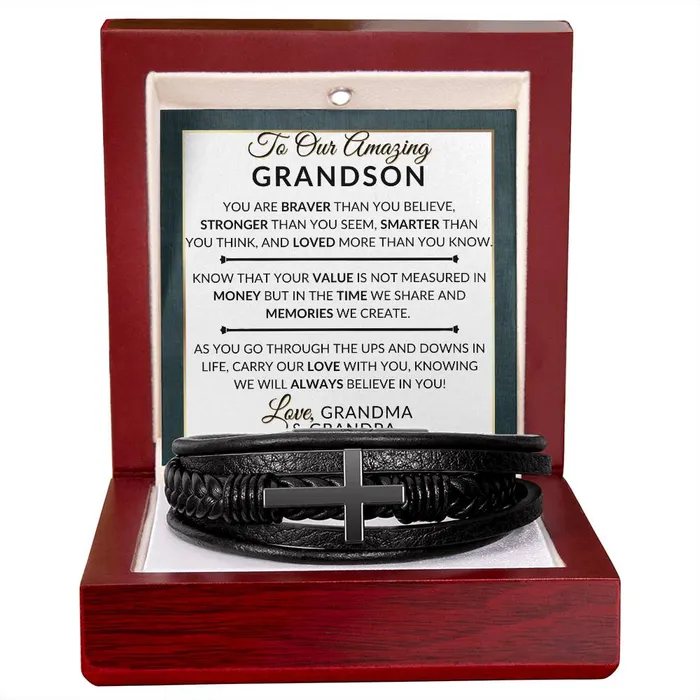 Bracelets ShineOn Fulfillment Gift For Our Grandson From Grandma and Grandpa Carry Our Love With You Mens Braided Leather Bracelet with Cross Christmas Gift or A Birthday Present For Him