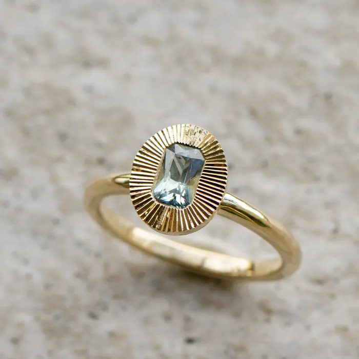 Corey Egan 69ct NorthSouth Radiant Aurora Engagement Ring Montana Sapphire in Yellow Gold Rings