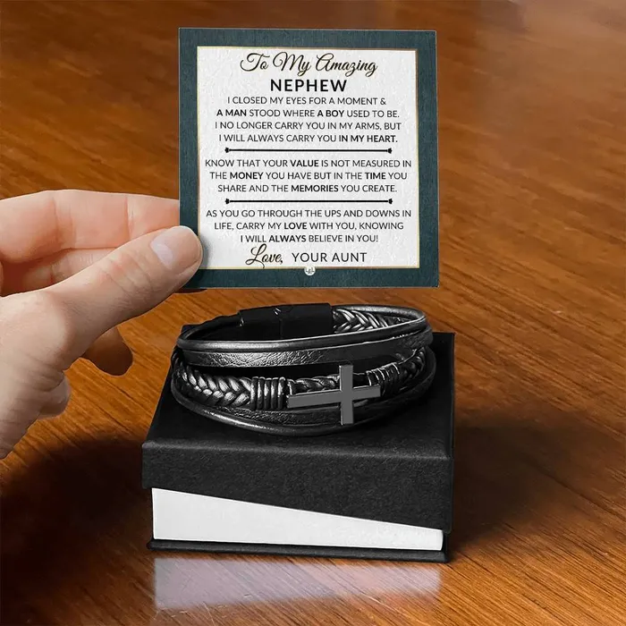 Gift For My Nephew From His Aunt I Closed My Eyes Mens Braided Leather Bracelet with Cross Christmas Gift or A Birthday Present For Him ShineOn Fulfillment Bracelets