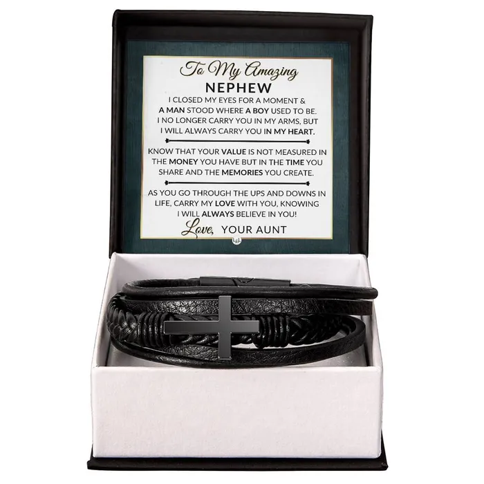 Gift For My Nephew From His Aunt I Closed My Eyes Mens Braided Leather Bracelet with Cross Christmas Gift or A Birthday Present For Him ShineOn Fulfillment Bracelets