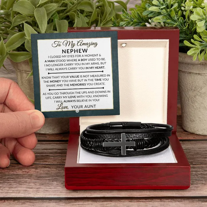 Gift For My Nephew From His Aunt I Closed My Eyes Mens Braided Leather Bracelet with Cross Christmas Gift or A Birthday Present For Him ShineOn Fulfillment Bracelets