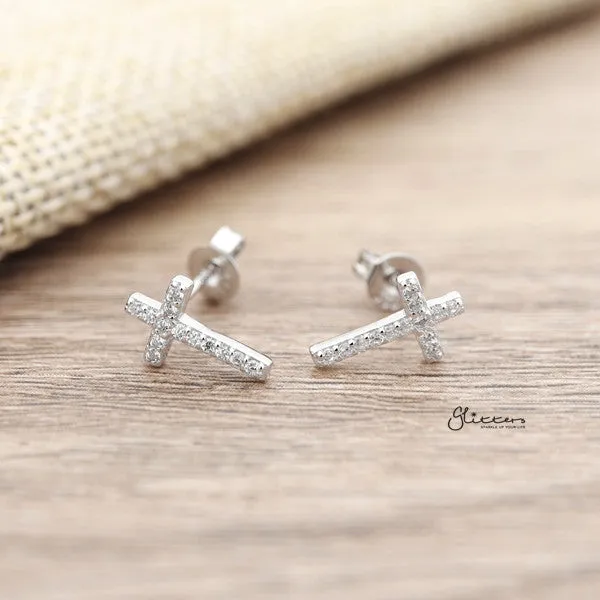 Glitters Earrings Sterling Silver CZ Paved Cross Stud Earrings