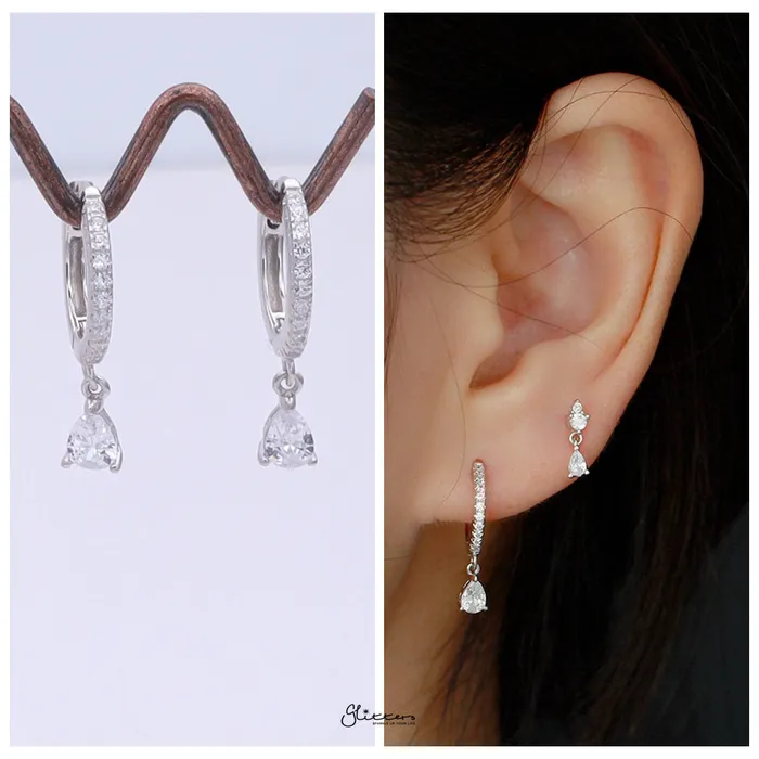 Glitters Teardrop CZ Charm Hoop Earrings Silver Earrings