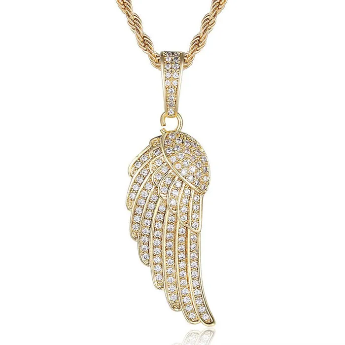 Iced Out Angel Wing Pendant Gold Glitters Necklaces