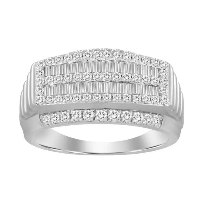Rings AV MENS RING 100CT ROUNDBAGUETTE DIAMOND 10K WHITE GOLD
